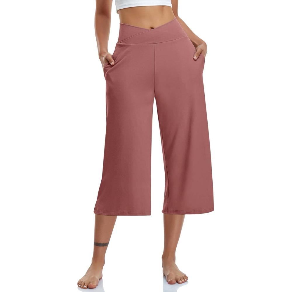 imageTARSE Womens Casual Wide Leg Yoga Capris Crossover High Waist Capri Pants Loose Soft Pajama Pockets SweatpantsDusty Rose