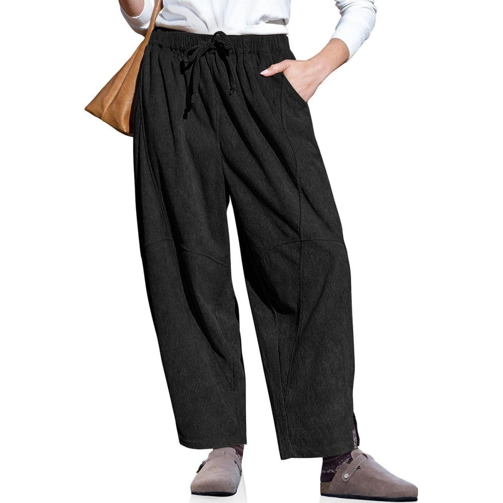 imageTARSE Womens Corduroy Harem Pants Casual Elastic Waist Wide Leg Pants Loose Fit Baggy Trousers with PocketsBlack
