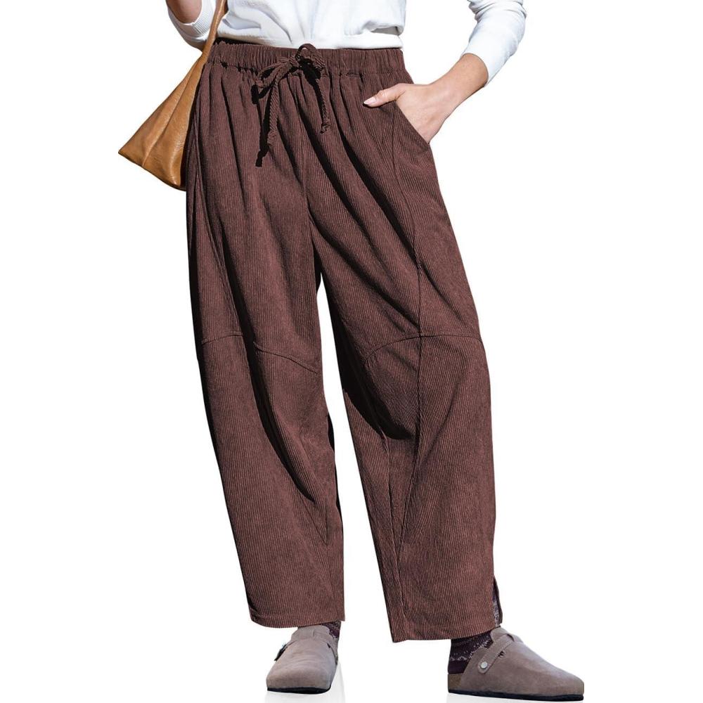 imageTARSE Womens Corduroy Harem Pants Casual Elastic Waist Wide Leg Pants Loose Fit Baggy Trousers with PocketsDark Coffee