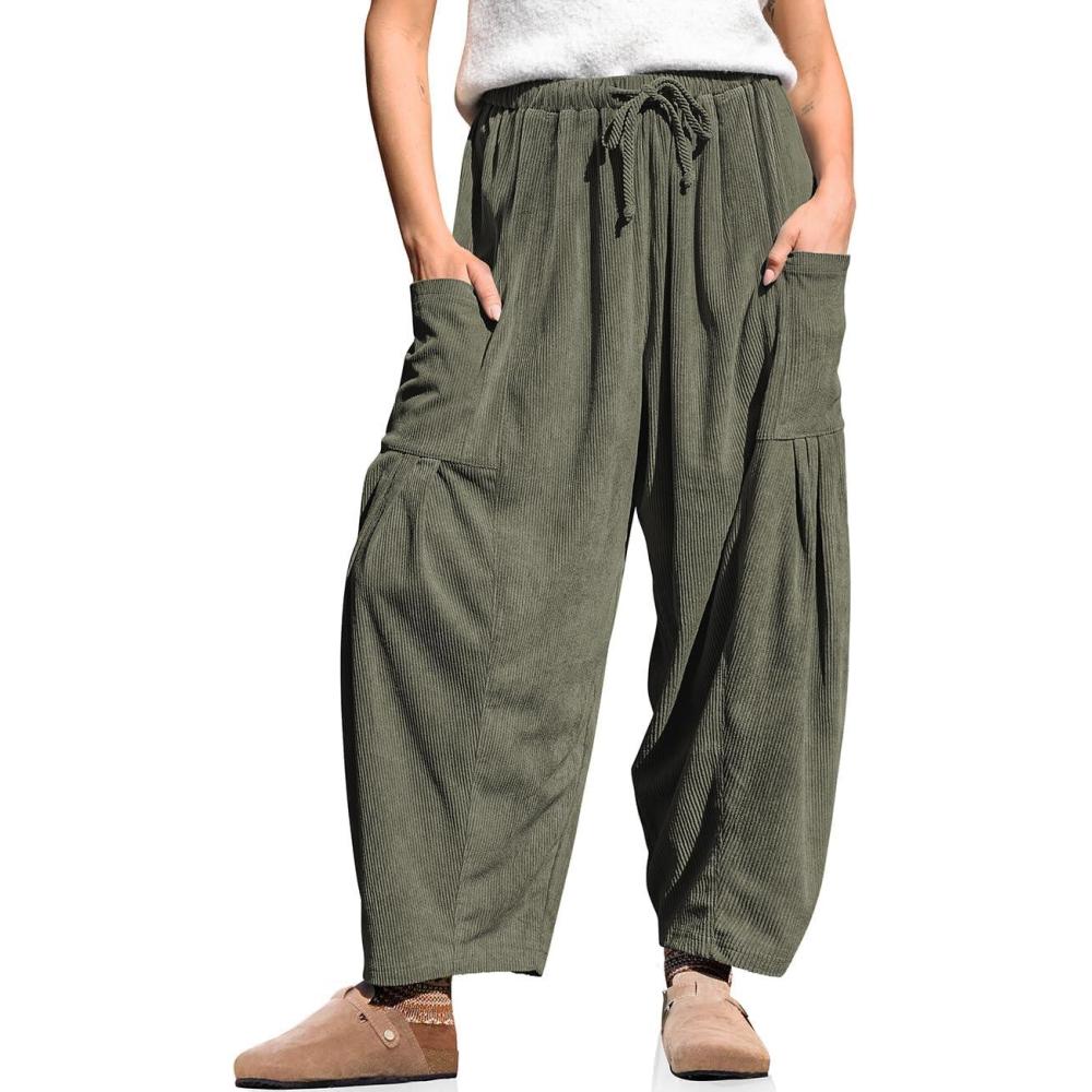 imageTARSE Womens Corduroy Wide Leg Pants Casual Loose Baggy Drawstring Palazzo Harem Pants with PocketsArmy Green
