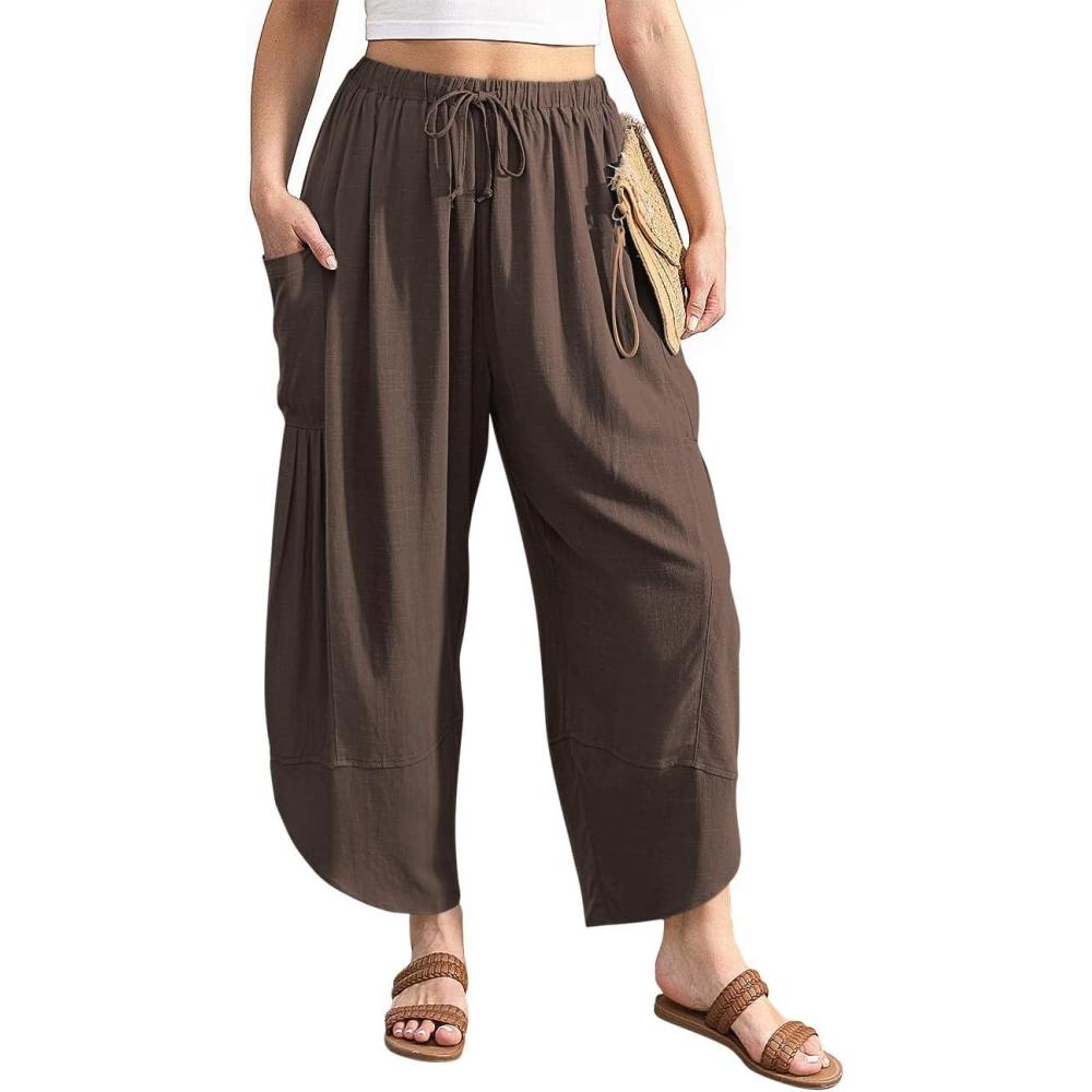 imageTARSE Womens Linen Harem Pants Casual Loose Drawstring Elastic Waist Summer Beach Travel Vacation with PocketsDark Coffee