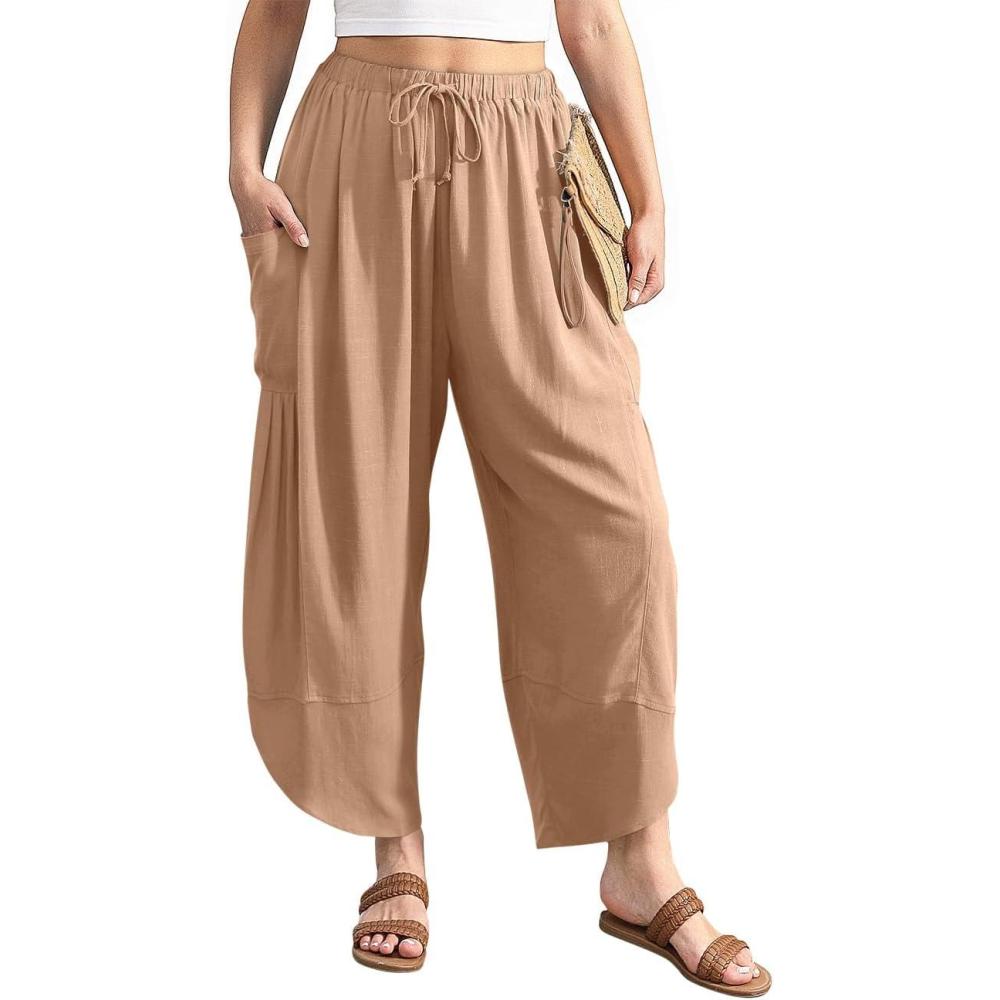 imageTARSE Womens Linen Harem Pants Casual Loose Drawstring Elastic Waist Summer Beach Travel Vacation with PocketsLight Coffee