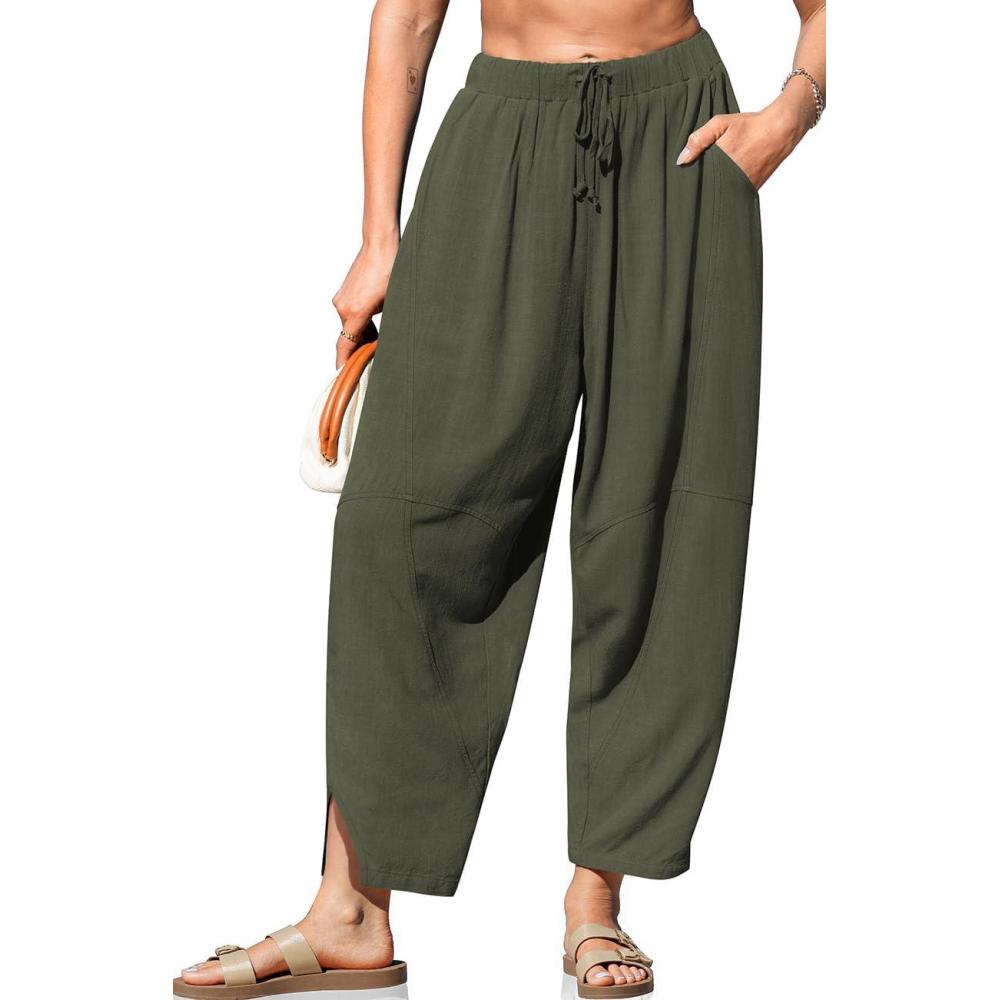 imageTARSE Womens Linen Harem Pants Casual Loose Fit Wide Leg Cropped Lightweight Drawstring Elastic Waist Pants with PocketsArmy Green