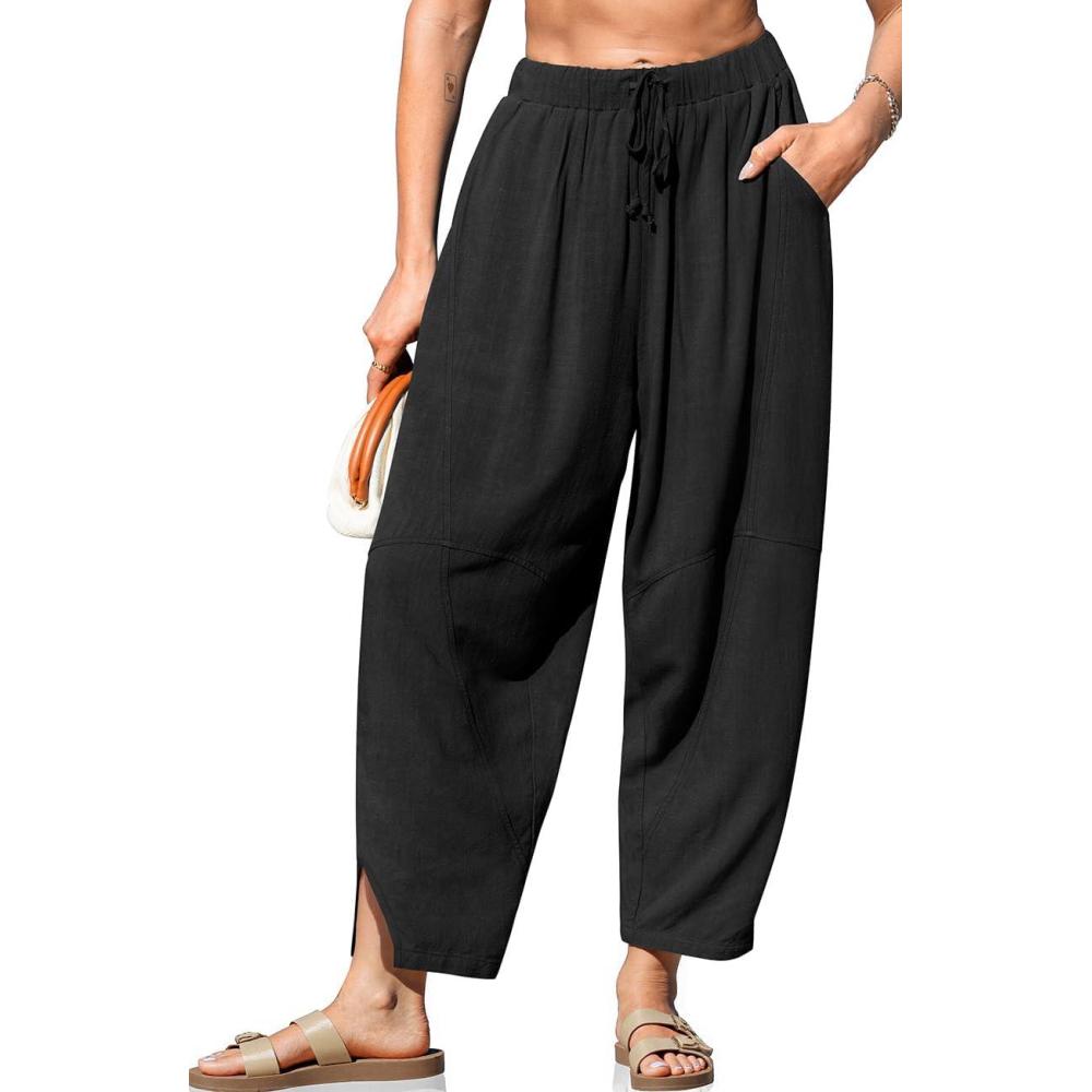 imageTARSE Womens Linen Harem Pants Casual Loose Fit Wide Leg Cropped Lightweight Drawstring Elastic Waist Pants with PocketsBlack