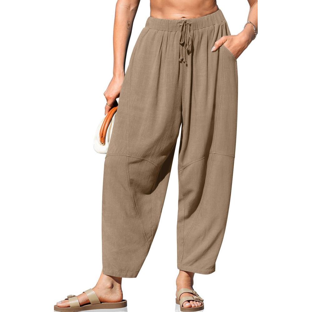 imageTARSE Womens Linen Harem Pants Casual Loose Fit Wide Leg Cropped Lightweight Drawstring Elastic Waist Pants with PocketsMid Coffee