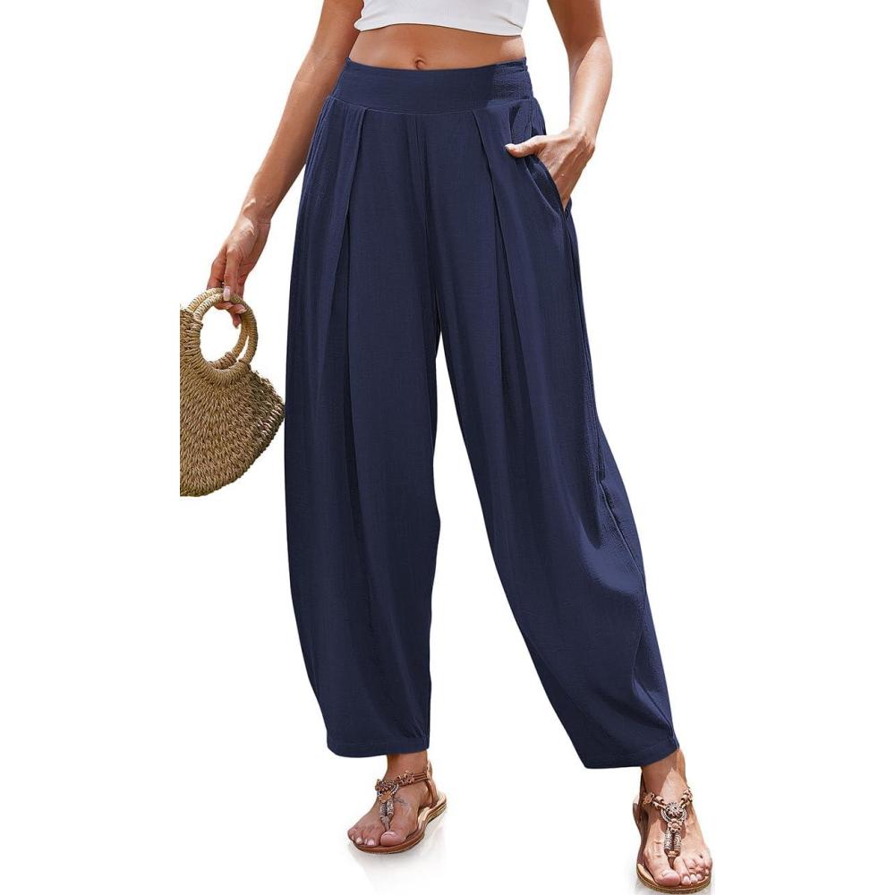 imageTARSE Womens Linen Harem Pants Loose Fit Boho Pants with Wide Waistband Casual Lounge Trousers for Summer Beach VacationNavy