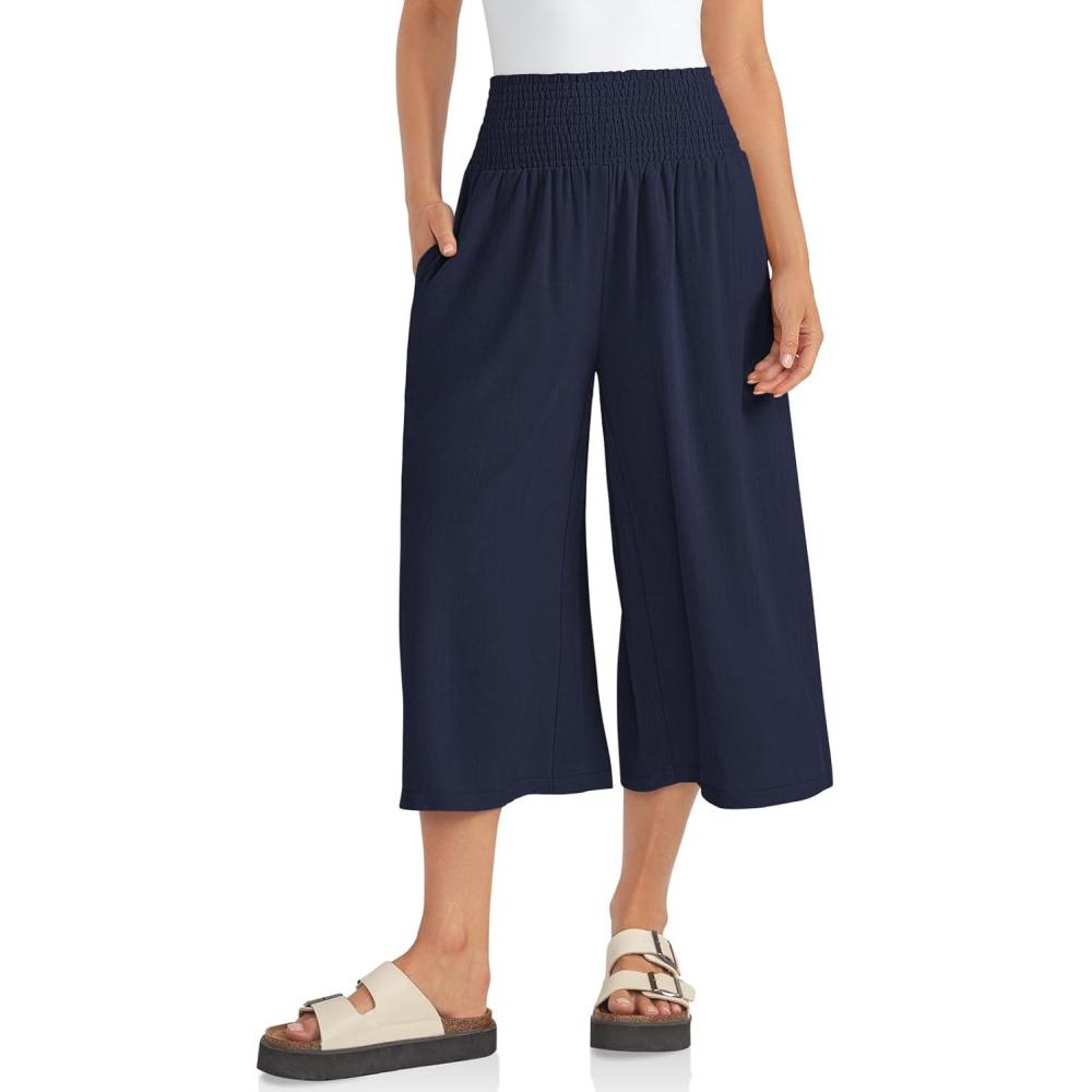 imageTARSE Womens Linen Palazzo Capri Pants Boho Summer Smocked High Waist Wide Leg Casual Loose Trousers with Pockets Flowy PantsNavy