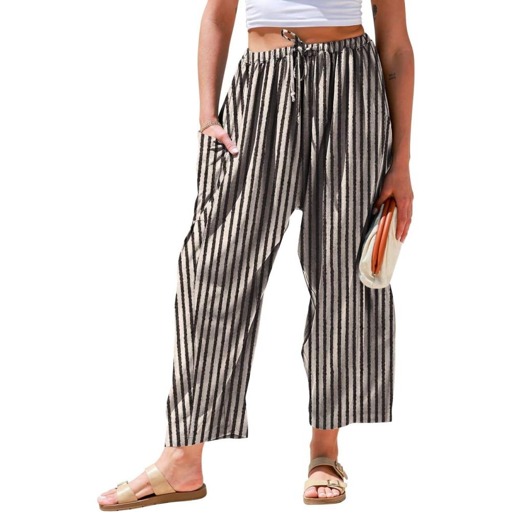 imageTARSE Womens Linen Wide Leg Pants Casual Loose Drawstring Summer 2025 Beach Travel Vacation Palazzo Harem Pants with PocketsBlack Beige Striped