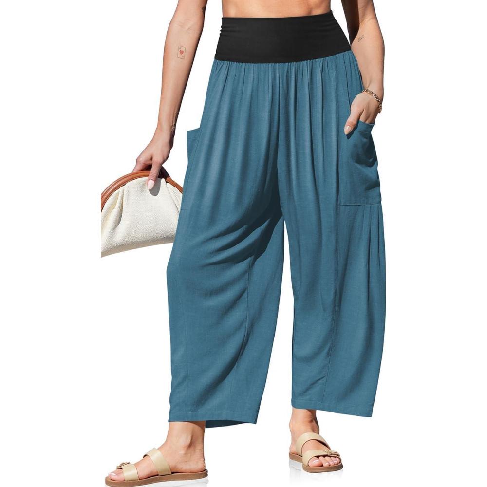 imageTARSE Womens Linen Wide Leg Pants Casual Loose Elastic Waist Beach Travel Vacation Palazzo Harem Pants with PocketsLakeblue