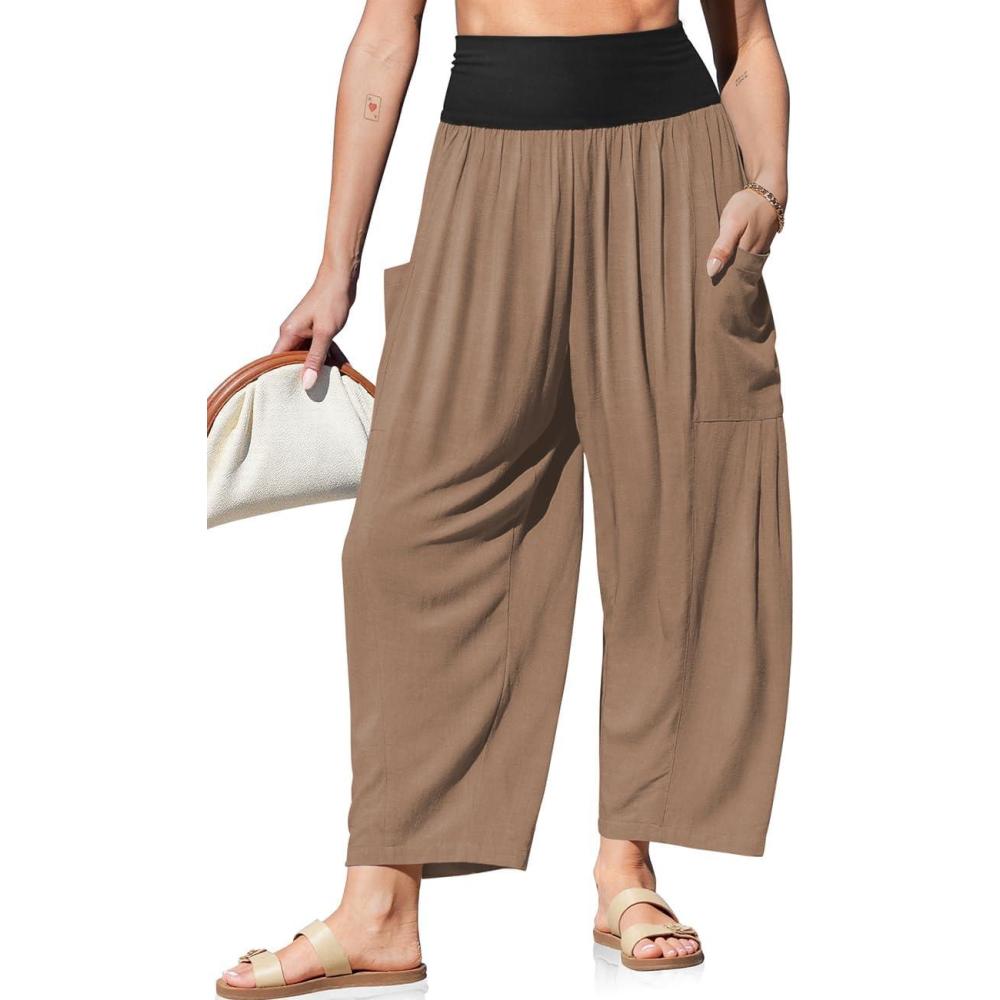 imageTARSE Womens Linen Wide Leg Pants Casual Loose Elastic Waist Beach Travel Vacation Palazzo Harem Pants with PocketsMid Coffee