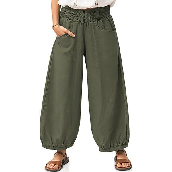 imageTARSE Womens Linen Wide Leg Pants Casual Loose Elastic Waisted Barrel Beach Palazzo Pants with PocketsArmy Green