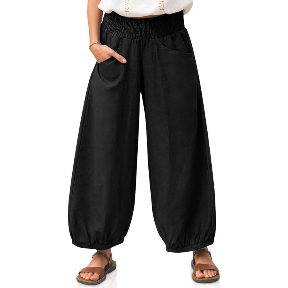 imageTARSE Womens Linen Wide Leg Pants Casual Loose Elastic Waisted Barrel Beach Palazzo Pants with PocketsBlack