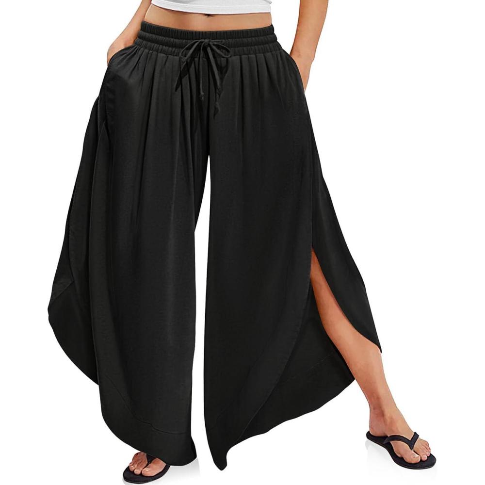 imageTARSE Womens Linen Wide Leg Split Skirt Pants Boho Loose Palazzo with Elastic Waist Drawstring 2025 Beach Vacation PantsBlack