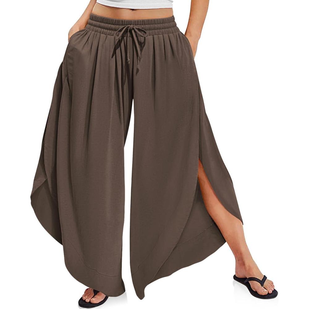 imageTARSE Womens Linen Wide Leg Split Skirt Pants Boho Loose Palazzo with Elastic Waist Drawstring 2025 Beach Vacation PantsDark Coffee