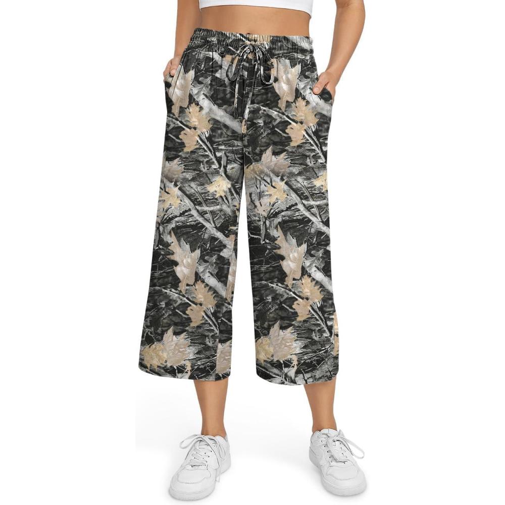 imageTARSE Womens Summer High Waisted Yoga Capri Pants Plus Size Casual Sport Activewear Capris Sweatpants Loose FitMaple Leaf Black
