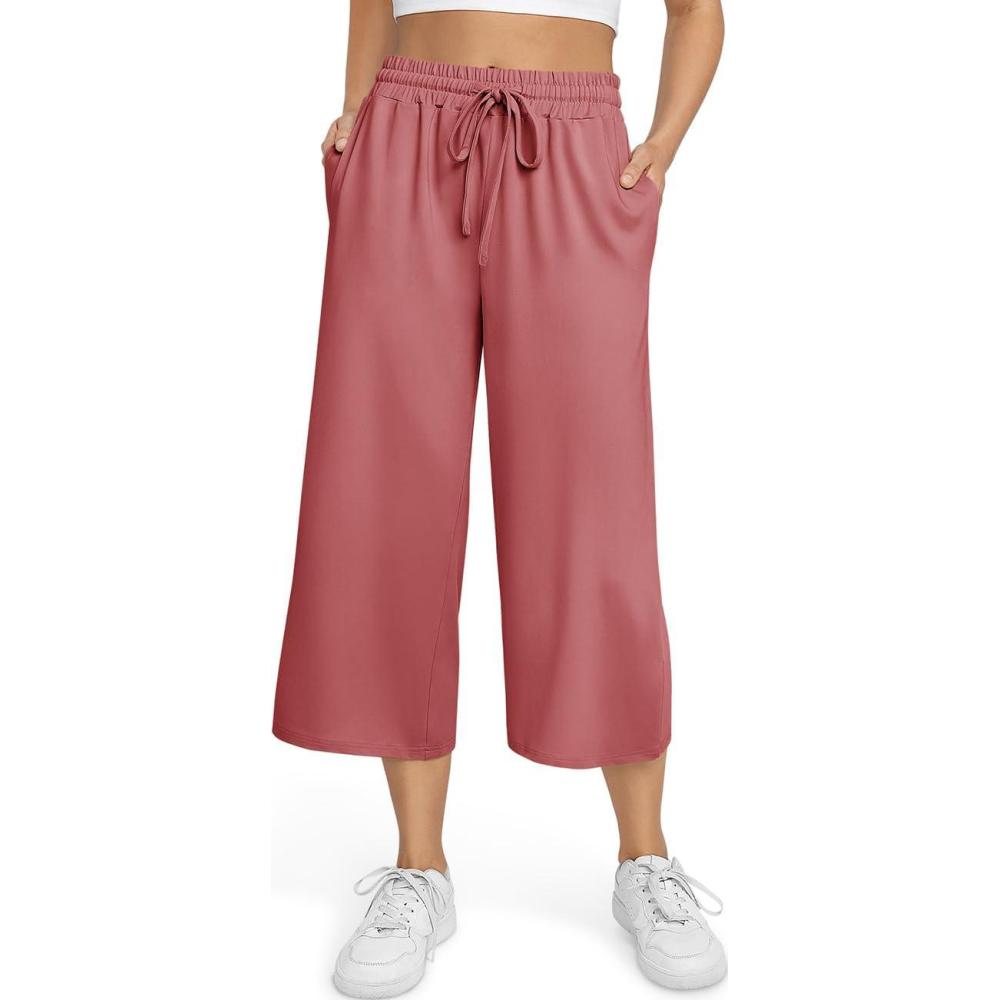 imageTARSE Womens Summer High Waisted Yoga Capri Pants Plus Size Casual Sport Activewear Capris Sweatpants Loose FitRust Red