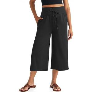 TARSE Wide Leg Cropped Palazzo Pants for Women Culottes with Pockets Summer Gaucho Pants(Black)