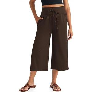 TARSE Wide Leg Cropped Palazzo Pants for Women Culottes with Pockets Summer Gaucho Pants(Darkcoffee)