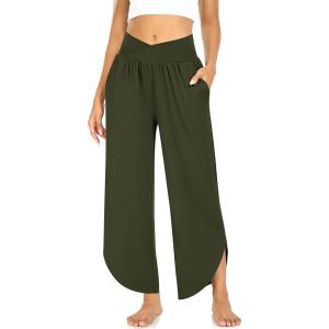 TARSE Wide Leg Pants for Women Cross High Waisted Yoga Pants Casual Lounge Joggers Loose fit Pajama Bottoms with Pockets(Army Green)
