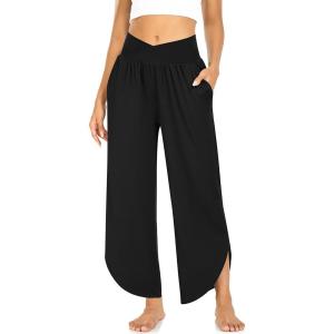 TARSE Wide Leg Pants for Women Cross High Waisted Yoga Pants Casual Lounge Joggers Loose fit Pajama Bottoms with Pockets(Black)