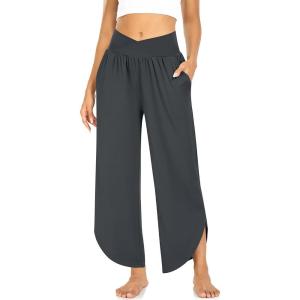 TARSE Wide Leg Pants for Women Cross High Waisted Yoga Pants Casual Lounge Joggers Loose fit Pajama Bottoms with Pockets(Dark Gray)