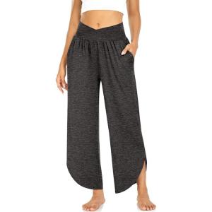 TARSE Wide Leg Pants for Women Cross High Waisted Yoga Pants Casual Lounge Joggers Loose fit Pajama Bottoms with Pockets(Heather Dark Gray)