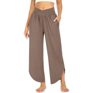TARSE Wide Leg Pants for Women Cross High Waisted Yoga Pants Casual Lounge Joggers Loose fit Pajama Bottoms with Pockets(Light Coffee)
