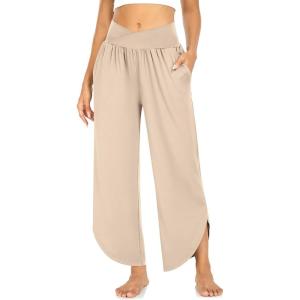 TARSE Wide Leg Pants for Women Cross High Waisted Yoga Pants Casual Lounge Joggers Loose fit Pajama Bottoms with Pockets(Light Khaki)