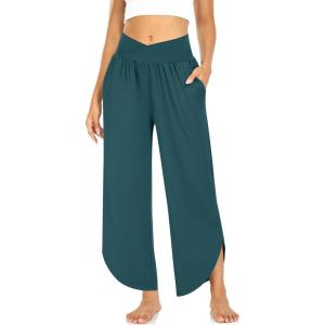 TARSE Wide Leg Pants for Women Cross High Waisted Yoga Pants Casual Lounge Joggers Loose fit Pajama Bottoms with Pockets(Malachite Green)