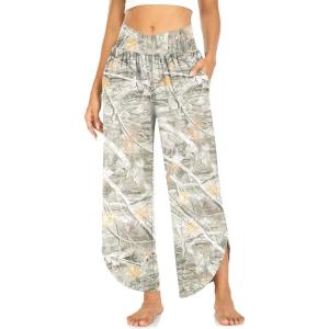 TARSE Wide Leg Pants for Women Cross High Waisted Yoga Pants Casual Lounge Joggers Loose fit Pajama Bottoms with Pockets(Maple Leaf Apricot)