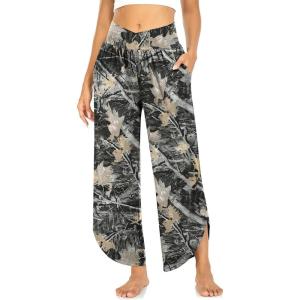 TARSE Wide Leg Pants for Women Cross High Waisted Yoga Pants Casual Lounge Joggers Loose fit Pajama Bottoms with Pockets(Maple Leaf Black)