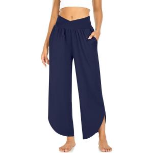 TARSE Wide Leg Pants for Women Cross High Waisted Yoga Pants Casual Lounge Joggers Loose fit Pajama Bottoms with Pockets(Navy)