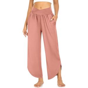 TARSE Wide Leg Pants for Women Cross High Waisted Yoga Pants Casual Lounge Joggers Loose fit Pajama Bottoms with Pockets(Rust Pink)