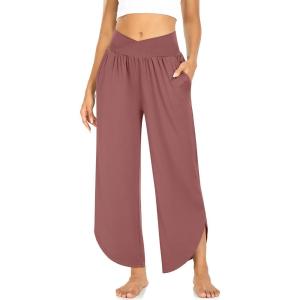TARSE Wide Leg Pants for Women Cross High Waisted Yoga Pants Casual Lounge Joggers Loose fit Pajama Bottoms with Pockets(Rust Red)