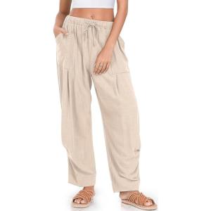 TARSE Women Linen Baggy Harem Pants Summer Drawstring Casual Lounge Pant 2024 Beach Travel Vacation Clothes with Pockets(Heather Light Khaik)