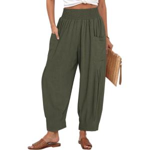 TARSE Women Linen Boho Pants Summer Casual Loose High Waist Cargo Lounge Harem Pant 2025 Beach Travel Vacation Outfits(Army Green)