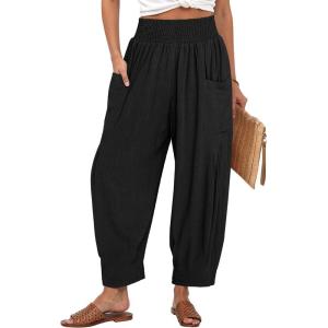 TARSE Women Linen Boho Pants Summer Casual Loose High Waist Cargo Lounge Harem Pant 2025 Beach Travel Vacation Outfits(Black)