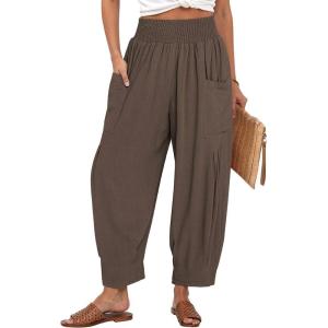 TARSE Women Linen Boho Pants Summer Casual Loose High Waist Cargo Lounge Harem Pant 2025 Beach Travel Vacation Outfits(Dark Coffee)