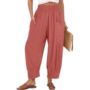 TARSE Women Linen Boho Pants Summer Casual Loose High Waist Cargo Lounge Harem Pant 2025 Beach Travel Vacation Outfits(Dusty Rose)