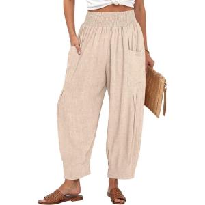 TARSE Women Linen Boho Pants Summer Casual Loose High Waist Cargo Lounge Harem Pant 2025 Beach Travel Vacation Outfits(Heather Light Khaki)