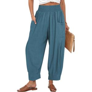 TARSE Women Linen Boho Pants Summer Casual Loose High Waist Cargo Lounge Harem Pant 2025 Beach Travel Vacation Outfits(Lake Blue)