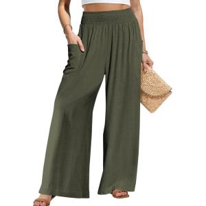 TARSE Women Linen Palazzo Pants Wide Leg Summer Boho High Waist Casual Lounge Pant Beach Travel Vacation Outfits(Army Green)