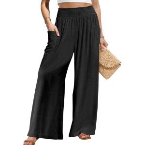 TARSE Women Linen Palazzo Pants Wide Leg Summer Boho High Waist Casual Lounge Pant Beach Travel Vacation Outfits(Black)