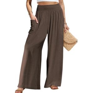 TARSE Women Linen Palazzo Pants Wide Leg Summer Boho High Waist Casual Lounge Pant Beach Travel Vacation Outfits(Dark Coffee)