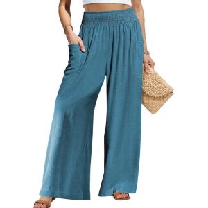 TARSE Women Linen Palazzo Pants Wide Leg Summer Boho High Waist Casual Lounge Pant Beach Travel Vacation Outfits(Lake Blue)