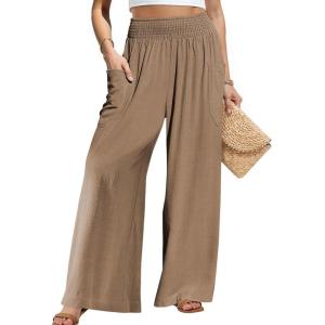 TARSE Women Linen Palazzo Pants Wide Leg Summer Boho High Waist Casual Lounge Pant Beach Travel Vacation Outfits(Mid Coffee)