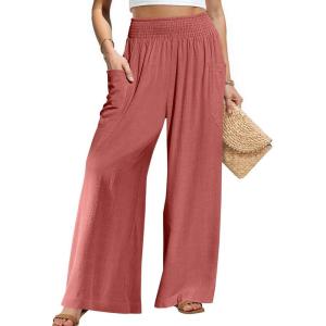 TARSE Women Linen Palazzo Pants Wide Leg Summer Boho High Waist Casual Lounge Pant Beach Travel Vacation Outfits(Rust Red)