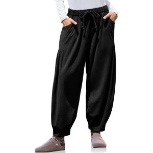 TARSE Womens Baggy Wide Leg Pants Corduroy Casual Drawstring Waist Palazzo Harem Pants with Pockets(Black)