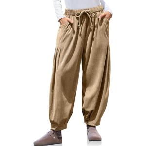 TARSE Womens Baggy Wide Leg Pants Corduroy Casual Drawstring Waist Palazzo Harem Pants with Pockets(Camel)