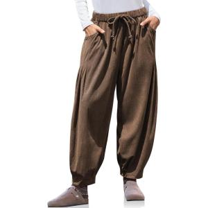 TARSE Womens Baggy Wide Leg Pants Corduroy Casual Drawstring Waist Palazzo Harem Pants with Pockets(Dark Coffee)